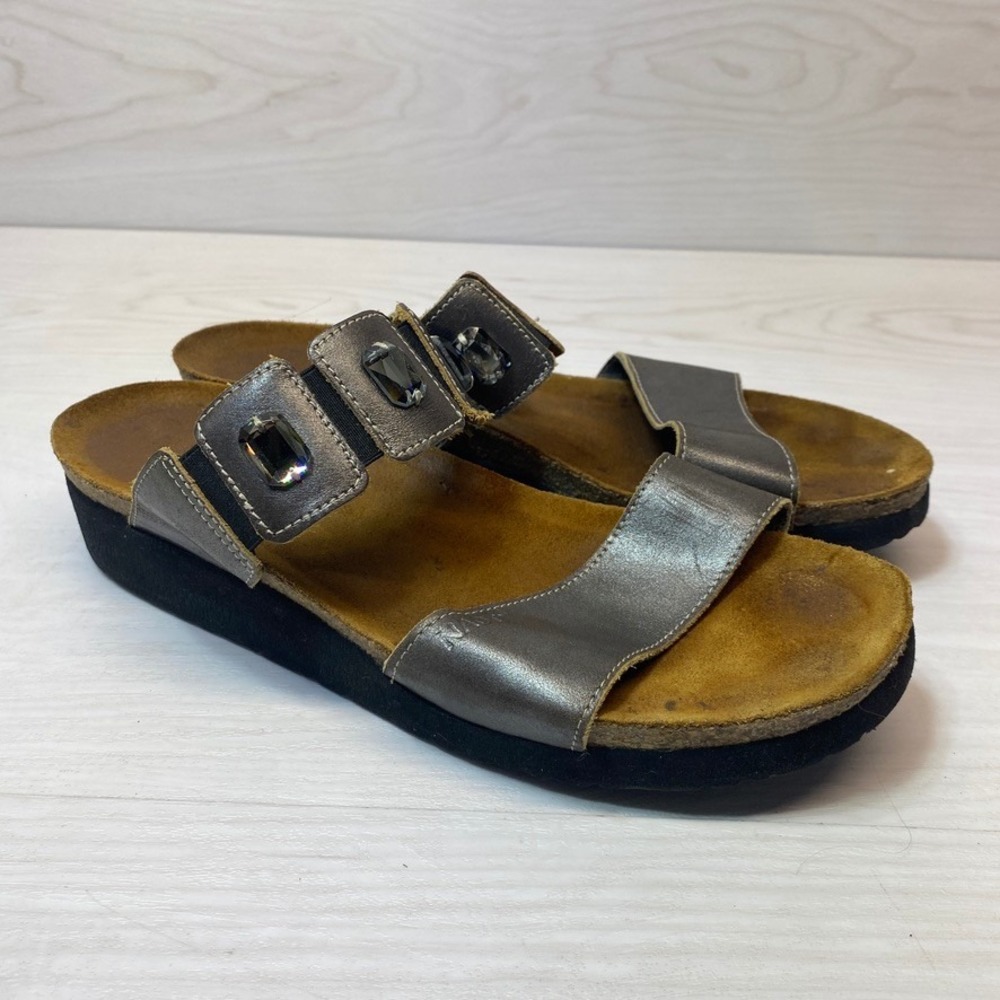 Naot Womens 41 Slide Sandals‎ Jewel Metallic Pewter Leather Cork Platform Wedge